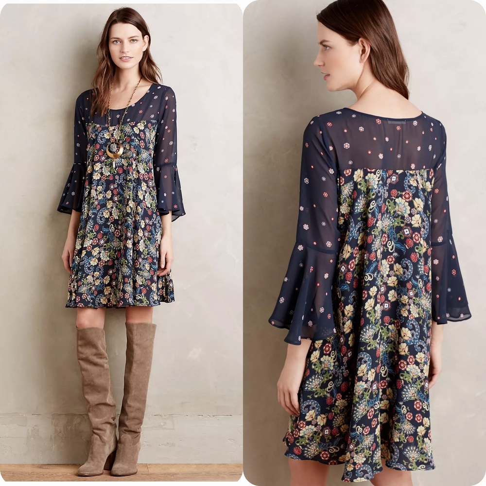 ANTHROPOLOGIE Paper Crown Dress S Navy Blue Floral Swing Bell Sleeve Boho Chic